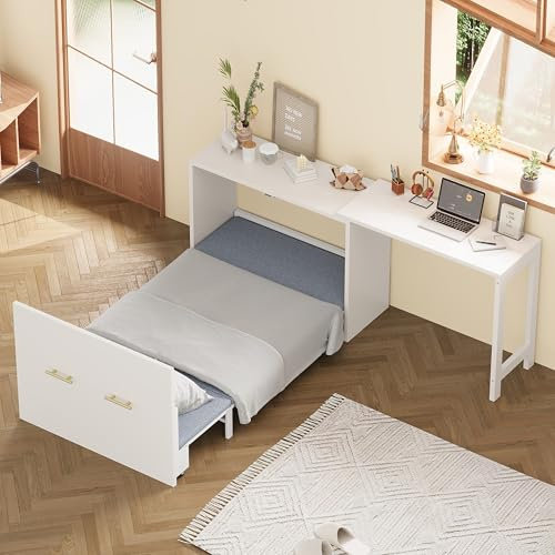 VilroCaz Modern Twin Size Murphy Cabinet Bed with Adjustable Position Desk, Wood Murphy Chest Bed with Foldable Cushion for Guest Room, Home Office, Small Space (White-6.14)