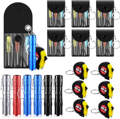 Quelay 18 Pcs Mini Screwdriver Tape Measure Keychains LED Flashlights Keychain Set Adult Pinata Stuffers Father's Day Neighbor Gifts for Men, No Batteries Included
