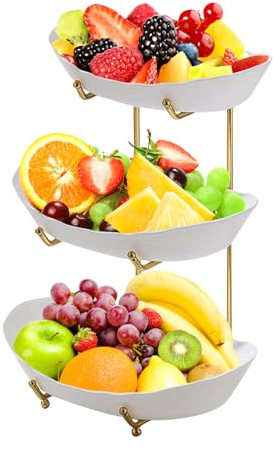 JurciCat Corbeille a fruit 3 étages Support en métal corbeilles à fruits avec plateau en plastique blanc Stable sans vaciller Pour conserver les fruits et légumes Desserts et snacks