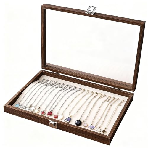 Behogan Schmucktablett Organizer mit Deckel, 24 * 35cm Holz Schmuck Organizer, 20 Hooks Halskette Organizer Schmucktablett mit Deckel, für Schminktisch und Schublade (Walnussfarbe)