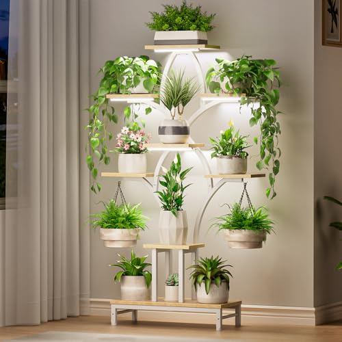 Mutool Indoor Plant Stand with Grow Lights, 6 Tiered Tall Plant Shelf for Multiple Plants, 160cm Space-Saving Corner Flower Holder for Home, Living Room, Office & Patio Decor, Natural