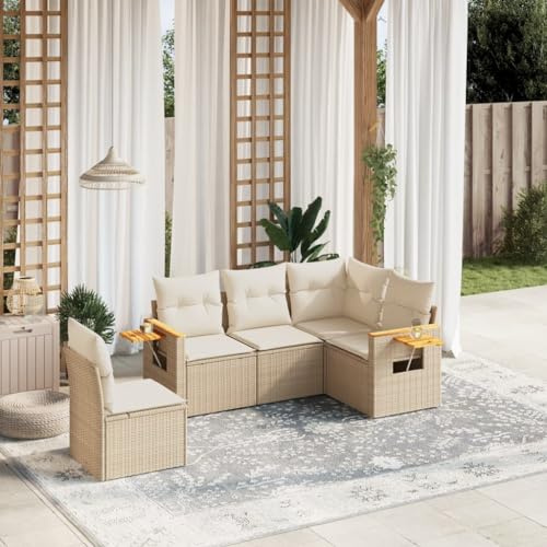 Qnhdfrt Set di 5 divani da giardino, in rattan sintetico, con cuscino, spazio di archiviazione e tavolo pieghevole per giardino, terrazza, balcone