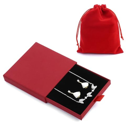 Small Jewelry Gift Box with Velvet Bag, Necklace Bracelet Earring Kraft Organizer Box Portable Square Lidded Pendent Storage Case for BirthdayWedding Anniversaries Present (9 x 9 x 1.8 cm) (Red)