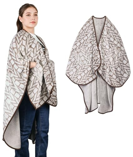 SIVENKE Damponcho fleece bärbar filt flanell halsduk filt bekväm poncho-överkast cape med knappar och fickor för säng, soffa, kontor, Kvadrat, 140 x 163 cm