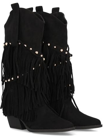 97776 Bota de Estilo Western con Cana Alta Decorada con Flecos en Cascada y Tachuelas metalicas, Punta Fina y Tacon Cubano. Ideal para Mujer en Temporada de Otono Invierno Negro Talla 39