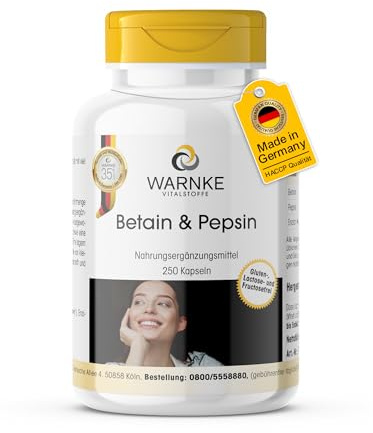 Betaína y pepsina - 250 cápsulas - Betaína HCL + sustancias amargas de genciana - Cápsulas de enzimas de espectro completo - ALTA DOSIS - Calidad de farmacia alemana | Warnke Vitalstoffe