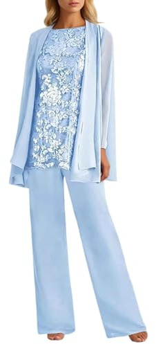 3-Piece Trouser Suit Women's Festive Leisure Suit Elegant Lace Tops Long Sleeve Cardigan and Trousers Chiffon for Wedding Cocktail Party Evening Formal Gatherings