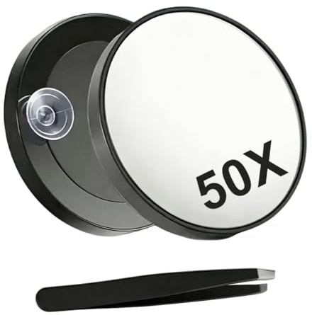 50X Magnifying Makeup Mirror with Suction Cup and Precision Tweezers | Portable Travel Mirror for Detailed Skincare Eyebrow Grooming Contact Lens Clear High Power Lens Black