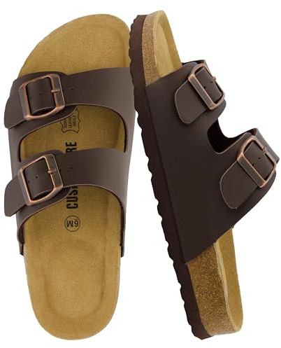 CUSHIONAIRE Lane Cork Footbed Womens Sandals Comfortable Double Buckle Slip On Sandals for Women with Arch Support and Classic Two Strap Design, BROWN 8