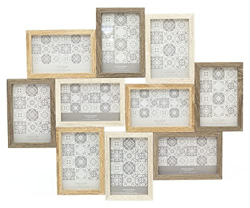 Carousel Home and Gifts Large 10 Aperture Multi Tonal Photo Frame 6x4 | Wall Mounted Wooden Effect 4x6 Picture Frame | Photo Collage Display Family Frames