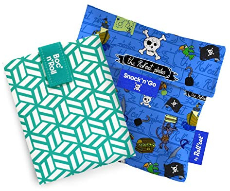 Roll’Eat ®- Pack 2 Unita', Boc'n'Roll Tiles Verde e Snack'n'Go Kids Pirati Azzurro | Sacchetto Porta Panini + Borsa Merenda Porta Sandwich, Riutilizzabili ed Ecologici senza BPA