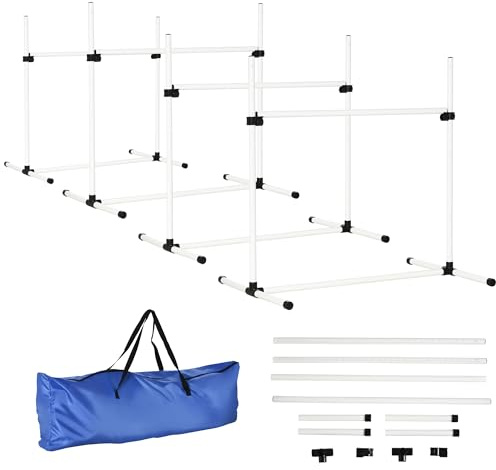 PawHut Set di 4 Ostacoli Agility Dog per Addestramento Cani ad Altezza Regolabile con Borsa da Trasporto Inclusa, 99x65x94cm, Bianco