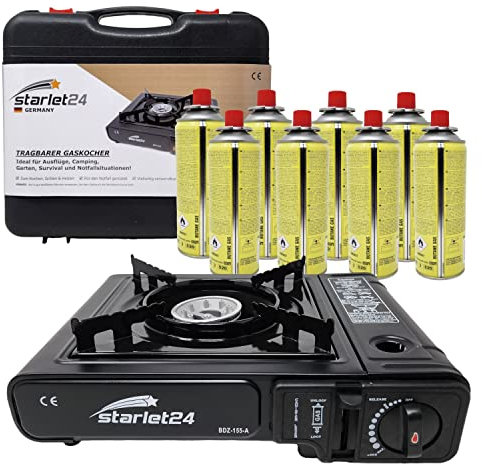 Starlet24 Potente hornillo de camping con 8 cartuchos de gas y maletín de transporte. Ideal para actividades al aire libre como senderismo y camping sin fuente de alimentación