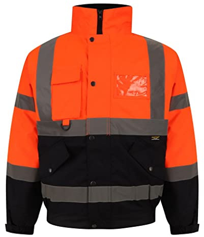 Men's Hi Viz High Vis Visibility Bomber Work Jacket Coat (Orange ( 2 toned ), L, l)