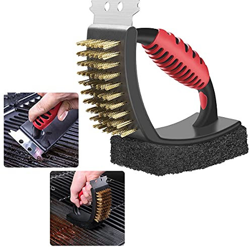 BBQ Grill Brush Barbecue Cleaning Brush 3 In 1 Barbecue Cleaner Tools Steel Scraper Scouring Pad Copper Wire Brush Heavy Duty Grill Cleaning Kit with Heat Insulation Handle