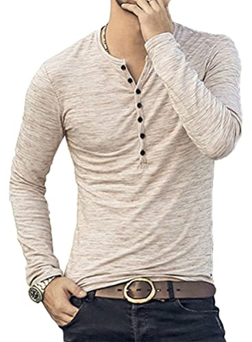 ORANDESIGNE Chemises Henley pour Hommes T-Shirts à Manches Longues Casual Slim Fit Boutons T-Shirts Basiques B Kaki L
