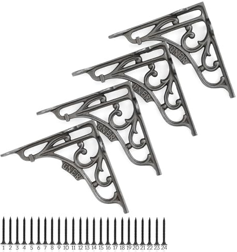 Edenic 4PCs GNER Scaffold Board Cast Iron Shelf Brackets 5x5 Inch 24 Screw | Heavy Duty Cast Iron Wall Brackets for Shelves, 150kg Load Capacity, Wall Mounted Shelf Bracket for Kitchen & Living Room