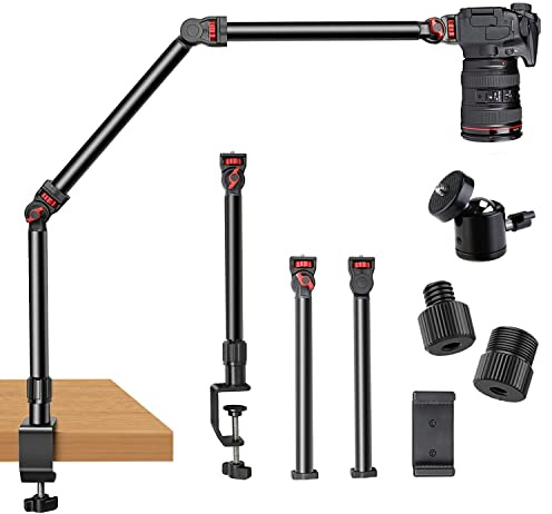 DImotliyor Overhead Camera Mount Desk Stand, 3-Section Flexible Detachable Articulating Arm with 1/4“ 3/8 5/8 Screw&360° Ball Head, C-clamp Tabletop Mount for DSLR Camera/Webcam/Microphone/Lights