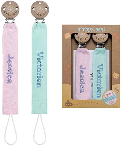 TYRY.HU Schnullerkette mit Namen Stoff Weiches Jungen Mädchen,2 Stücke | DIY Customise Personalisierte Schnullerband Holz Clip,Baumwolle Schnuller Clips für Neugeboren Geschenk