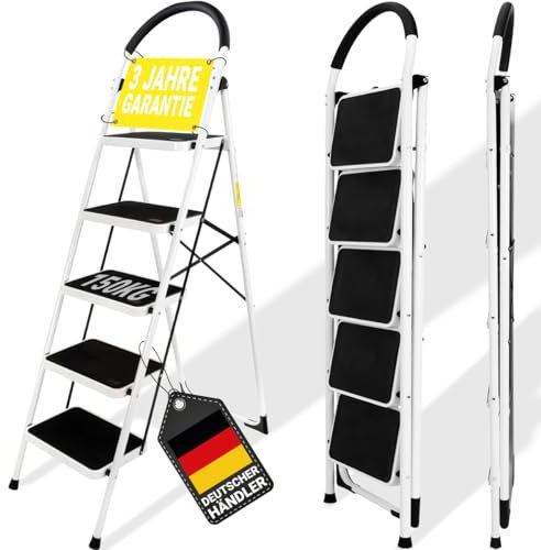 𝐂𝐑𝐀𝐅𝐓𝐅𝐔𝐋𝐋 Trittleiter CF-130A | 𝟑 𝐉𝐀𝐇𝐑𝐄 𝐆𝐀𝐑𝐀𝐍𝐓𝐈𝐄 - 2-5 Stufen Leiter - Klapptritt - Treppenleiter - Klappleiter - Haushaltsleiter - Stehleiter - Mehrzweckleiter (5 Stufen)