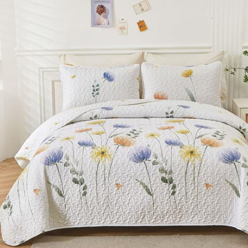 Dinjoy Floral Quilt Set Queen 3 Pieces Blue & Yellow Quilts Bedding Set Bohemian Bedspread Bed Cover Lightweight Spring Summer Beds Coverlet for All Season(96x90)
