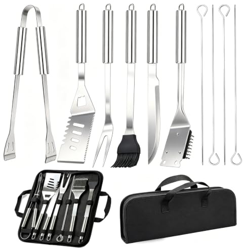 Teenza 11-Piece Stainless Steel BBQ Tool Set with Carry Bag | Rust-Resistant, Dishwasher Safe, Portable BBQ Accessories, For Outdoor Camping, Gifts for Men Dad BBQ Lover