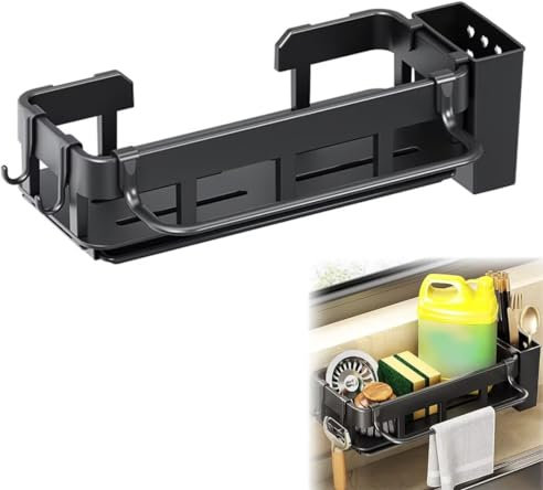 Bettschlange Spülbecken Organizer, Schwammhalter Küche Hängend, Schwarz Spüle Organizer, Spülorganizer für Küche & Badezimmer mit Abflusspfanne, Stäbchenhaltern, Handtuchhalter und Haken