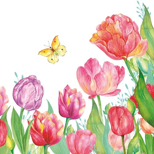 Maki 3-Ply Flowery Tissue Paper Napkins Serviettes for Decoupage Lunch 33cm x 33cm - 1/4 Folded (Pack of 20) (Watercolour Tulips with Yellow Butterfly)