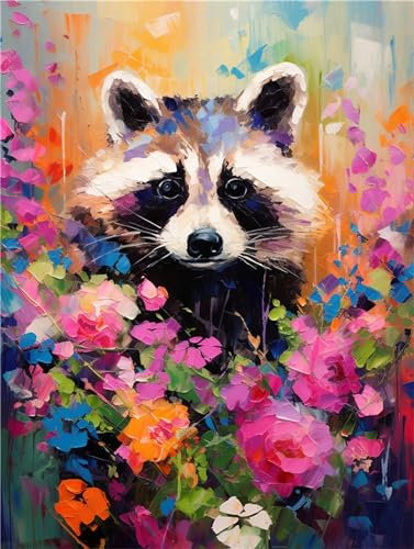 Waschbär Malen Nach Zahlen Erwachsene, Blume Malen Nach Zahlen Klein 20x30cm, DIY Handgemalt Ölgemälde Kit für Anfänger Bastelset Erwachsene, Acrylfarben Set Wand Deko Bilder Ohne Rahmen, Geschenk