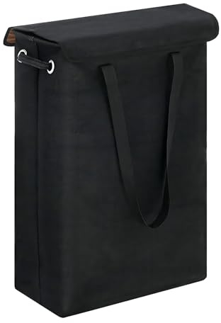 Schmaler Wäschekorb mit Deckel, 45 L Großes Fassungsvermögen Wäschekorb Schmal mit Tragegriff, Wasserdichter Faltbarer für Bad und Schlafzimmer, Wäschekorb Klein (Black)