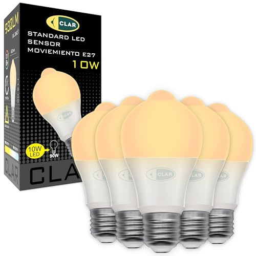CLAR - Glühbirne Mit Bewegungsmelder, LED, Aufladbare Glühlampe E27, Dämmerungsschalter, 10W 3000K (Pack 5)