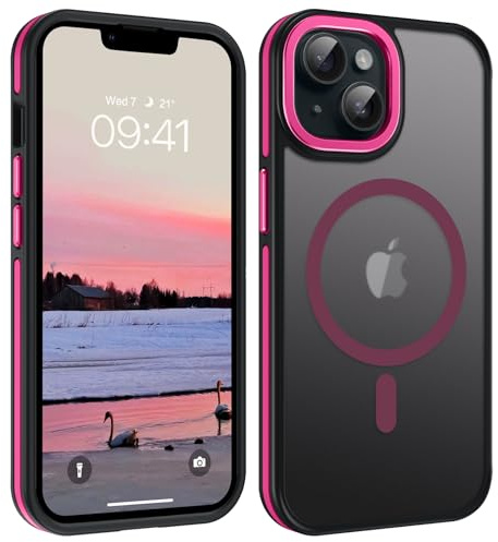 DOMAVER iPhone 13 Coque Magnétique iPhone 14 Case Translucide [Compatible avec MagSafe] avec Aimant Puissant pour iPhone 13/14, Etui Mate Antidérapante Anti-Rayures Housse Fin, Rose Fluo