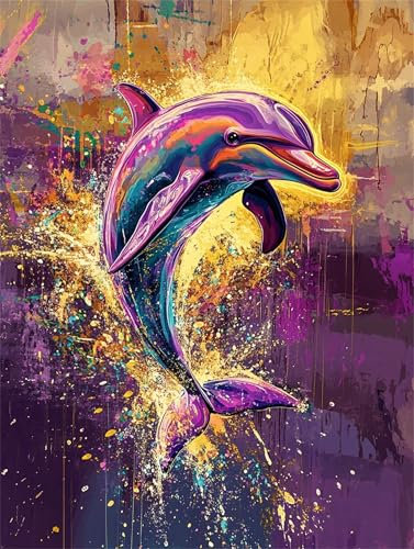 DIY Malen Nach Zahlen Erwachsene Delphin Malen Nach Zahlen Tier Malen Nach Zahlen ab 7 8 9 10 Jahre Mädchen Bastelset, Farbe Acrylfarbe Ölgemälde Set, Zimmer Deko, Gift (50x70 cm Mit Rahmen)-k1152