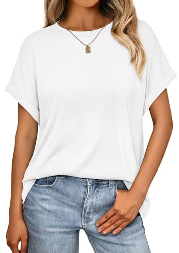 Cuptacc Tshirt Damen Oversize Flügelärmel Rundhals Tunika Lockere Basic Tops Kurzarm Bluse Damen Elegant XL 46-48 Weiß