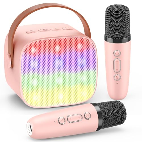Karaoke Maschine mit 2 Bluetooth Mikrofon, Mädchen Geschenke für 3-12 Jahre | Tragbarer Karaoke Microphone Set für Kinder und Erwachsene mit Stimmwechsel, DSP & LED-Lichtern, Mädchen Spielzeug