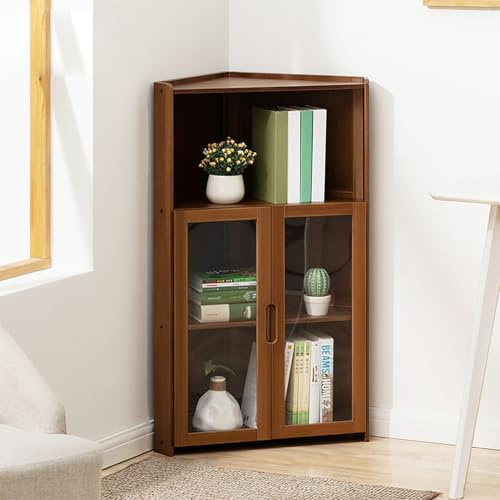 LCBDYLR Eckschrank, freistehender Eckschrank mit Türen und Regalen, Eckvitrine für Wohnzimmer, Schlafzimmer, Küche Brown 3-Tier