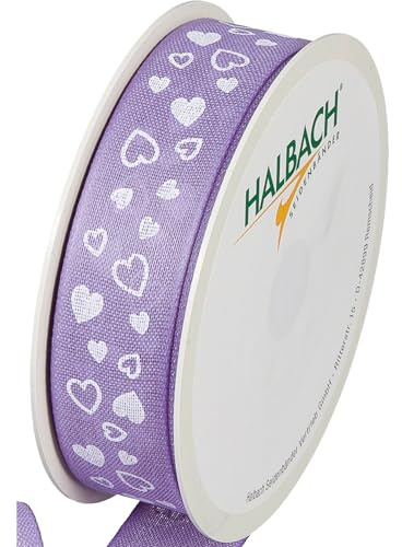 Halbach Geschenkband Herzen, 25 mm x 18 m, lavendel/weiß | Bedrucktes Schleifenband in Baumwoll-Optik mit Herzmotiv, Made in Germany und waschbar für Hochzeiten und Valentinstag