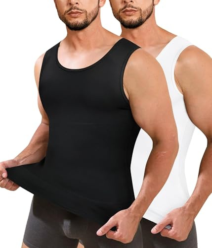 Junlan Men Compression Shirt Vest 2 Pack Slimming Body Shaper Tummy Control Shapewear Tank Tops Seamless Undershirts (Black/White,L)