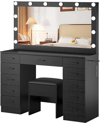 Panana Makeup Vanity Desk Set with Lights - Large Mirror Dressing Table with 11 Drawers, Storage Stool, Power Outlet & 3 Lighting Modes for Bedroom and Dressing Room (Black)