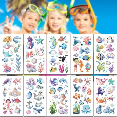 GGUFAY Animales Marinos Tatuajes Temporales Niños, 10 Hojas Tatuajes Temporales Niños, Purpurina Tatuaje Falsos,Detalles Regalos Cumpleaños Niños,Regalos Para Niños Niñas