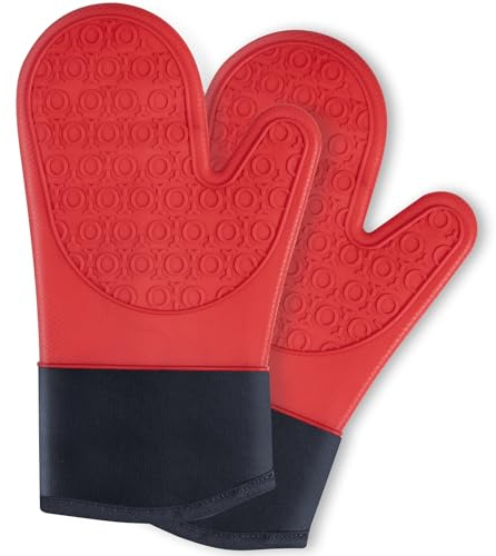 Ofenhandschuhe 2er Set, Extra Lang backhandschuhe Topfhandschuhe Silikon Anti-Rutsch Hitzebeständige Silikon und Baumwolle, für Kochen Backen Grillen, Rot