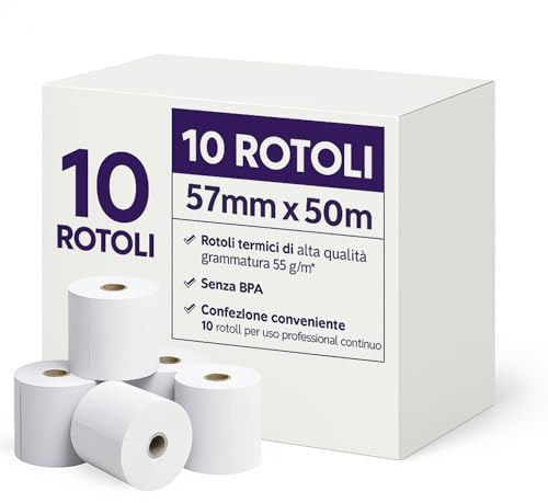 Rotoli Carta Termica 57 mm x 50 m, 55 g/m², Senza BPA, Confezione da 10, Compatibili con POS, Registratori di Cassa, Lettori Carte e Stampanti Termiche, Ricevute, Scontrini, Rotolini