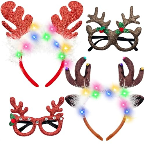 TaimeiMao 2 Stück Haarreif Weihnachten, Rentier haarreif LED, mit 2 Weihnachten Brillengestell, Funkelnde Rentier Kopfschmuck, Weihnachtsfeier Kopfschmuck Set, Weihnachtsschmuck Kinder und Erwachsene