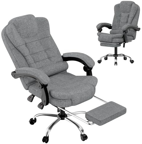 GartistGo Chefsessel mit Fußstütze, Stoff-Schreibtischstuhl, hohe Rückenlehne, ergonomisch, mit Kippfunktion, 360° drehbarer Schreibtischstuhl, höhenverstellbar (Grau)