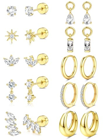 Ohrringe Gold Ohrstecker Silber Wasserfest | 14K Vergoldet Medizinische Ohrstecker Chirurgenstahl Creolen Piercing Ohr Gold | Conch Tragus Piercing Set Helix Piercings Goldene Ohrringe Damen Golden CZ
