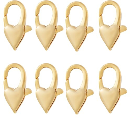 Bestewelry 8 st mässing hjärta hummerlås, äkta 18K guldpläterade hummerlås, 14 x 8 x 3,5 mm, gyllene smyckeslås för halsband, armband, gör-det-själv-hantverk