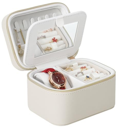 DesignSter Joyero de viaje para mujer, pequeño organizador de joyas de viaje con espejo, caja de almacenamiento portátil de poliuretano de 2 capas para anillos, aretes, collares, pulseras, color gris