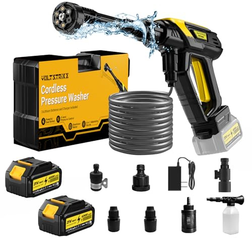VOLTSTRIKE Nettoyeur Haute Pression Sans Fil, Nettoyeur Haute Pression sur Batterie, Buse 6-en-1, avec 2 Batteries 4,0 Ah, 9 Niveaux de Pression Réglables, pour Jardin, Terrasse et Nettoyage Extérieur