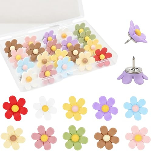 30Pcs Flower Drawing Pins, Colorful Push Pins for Notice Boards and Walls, Sturdy Drawing Pins Cute Stuff for Girls, for Office, School and Home, Ideal Push Pins for Notes and Posters