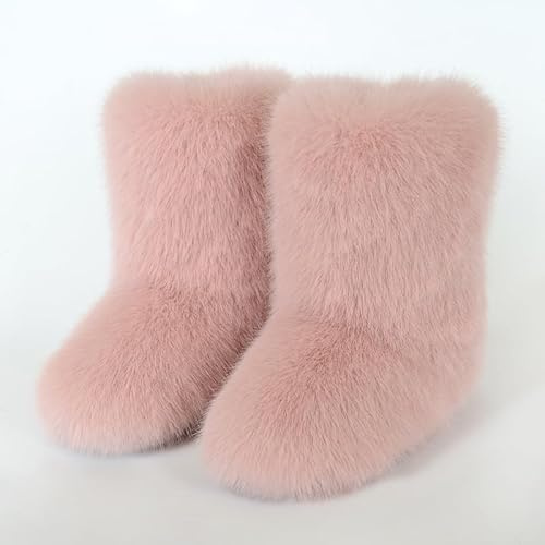 Pälsiga stövlar för kvinnor, fluffiga snöboots, konstpäls färgglada med rund tå, vattentåliga flats med gummisula för tjejer, utomhus, jul, mode, festgåvor pink1 European-size-40